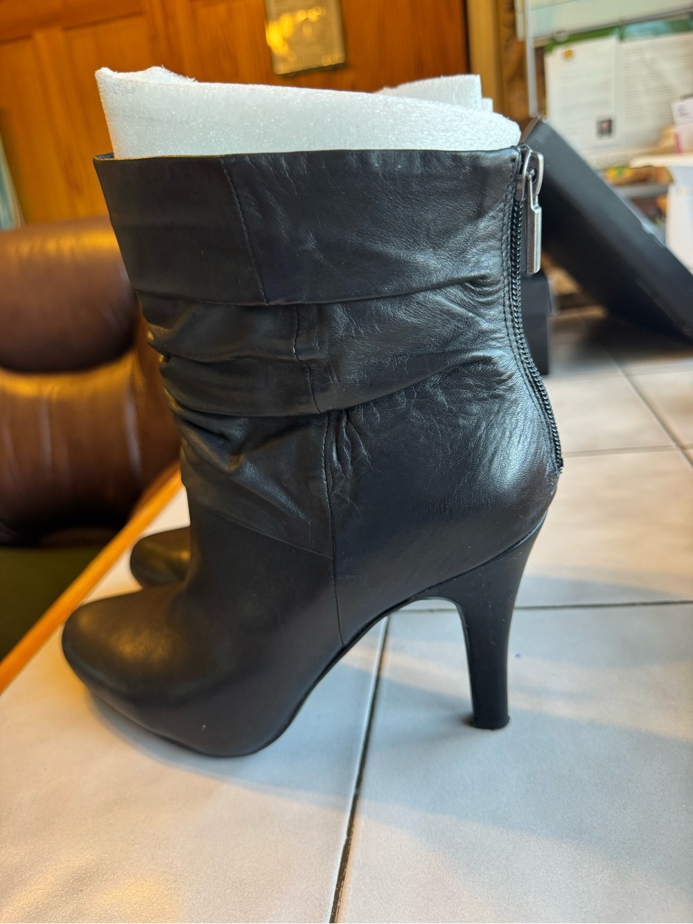 INC International Concepts Black Ruched Leather High-Heel Ankle Boots
